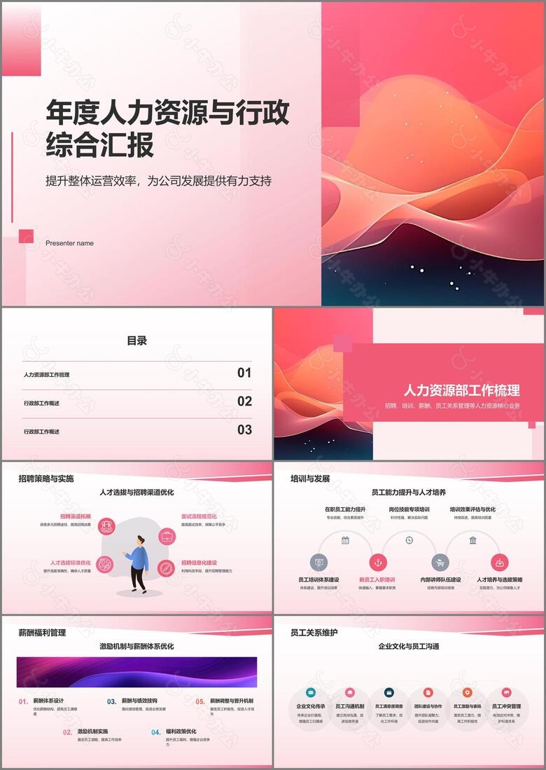 粉色年度人力资源与行政综合汇报PPT模板