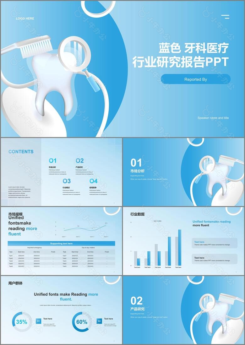 蓝色创意生物医疗牙科研究报告PPT