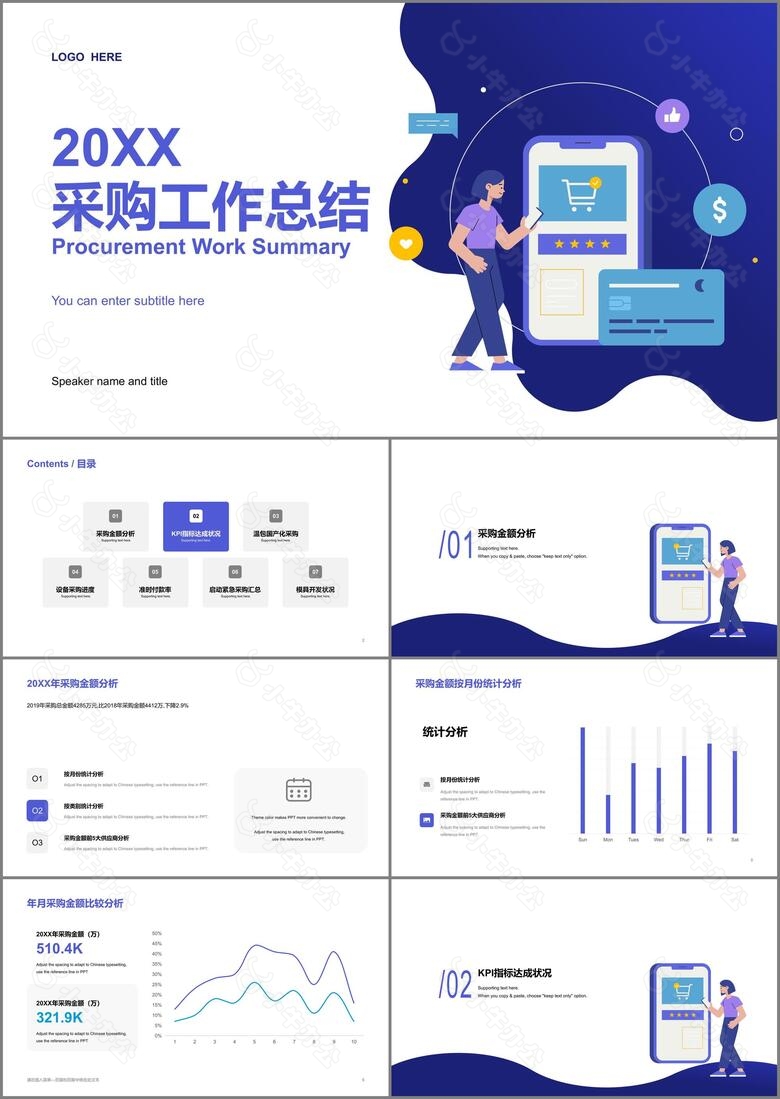 蓝色商务采购工作总结年终汇报PPT模板下载
