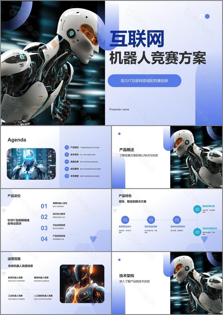 蓝色科技风机器人竞赛方案PPT模板