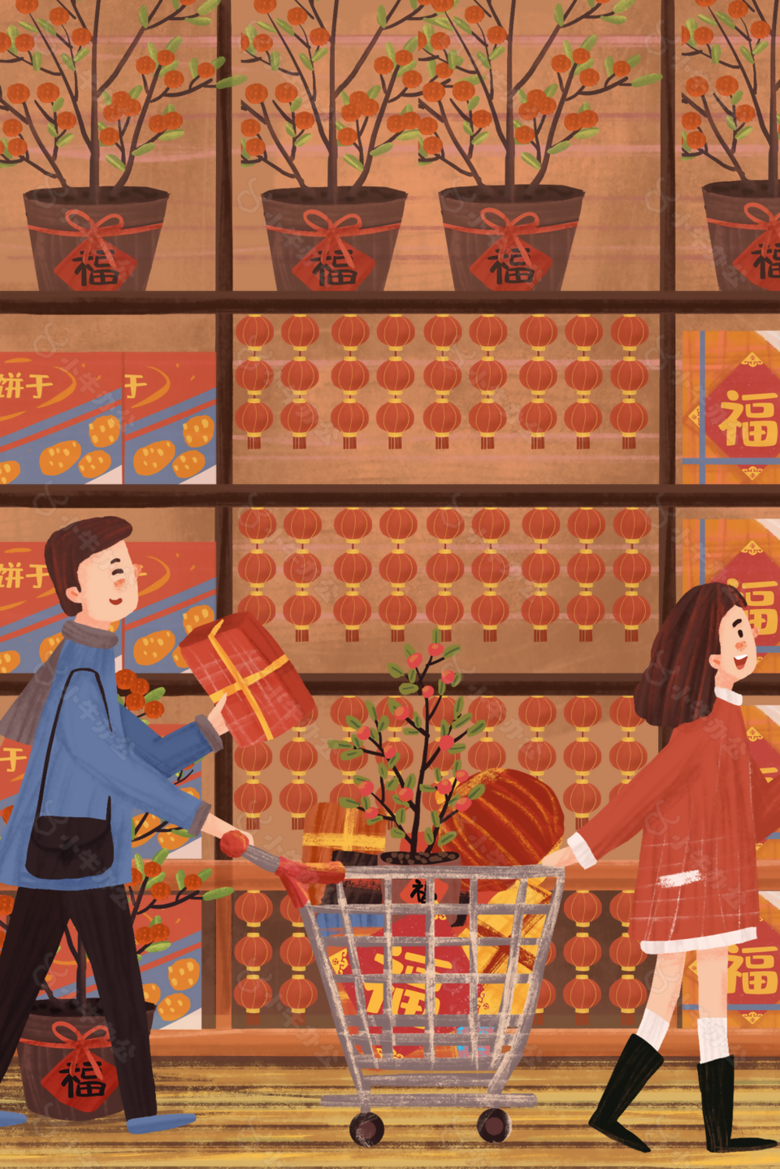 复古喜庆年货市场新年购物插画图