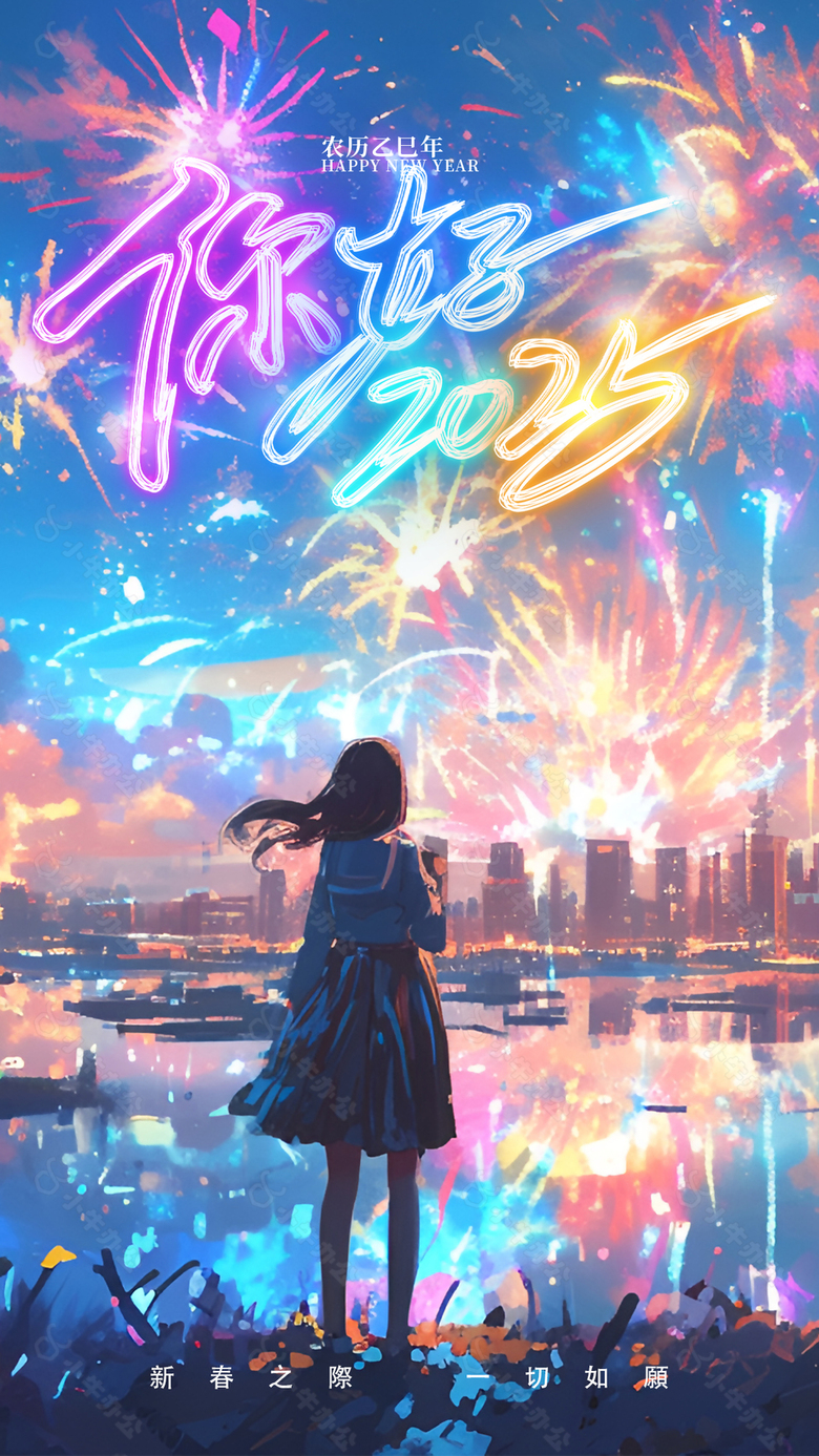 你好2025蛇年新春梦幻手绘海报