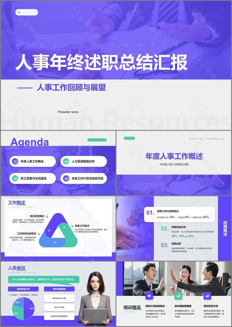 紫色商务风人事年终述职总结汇报PPT模板