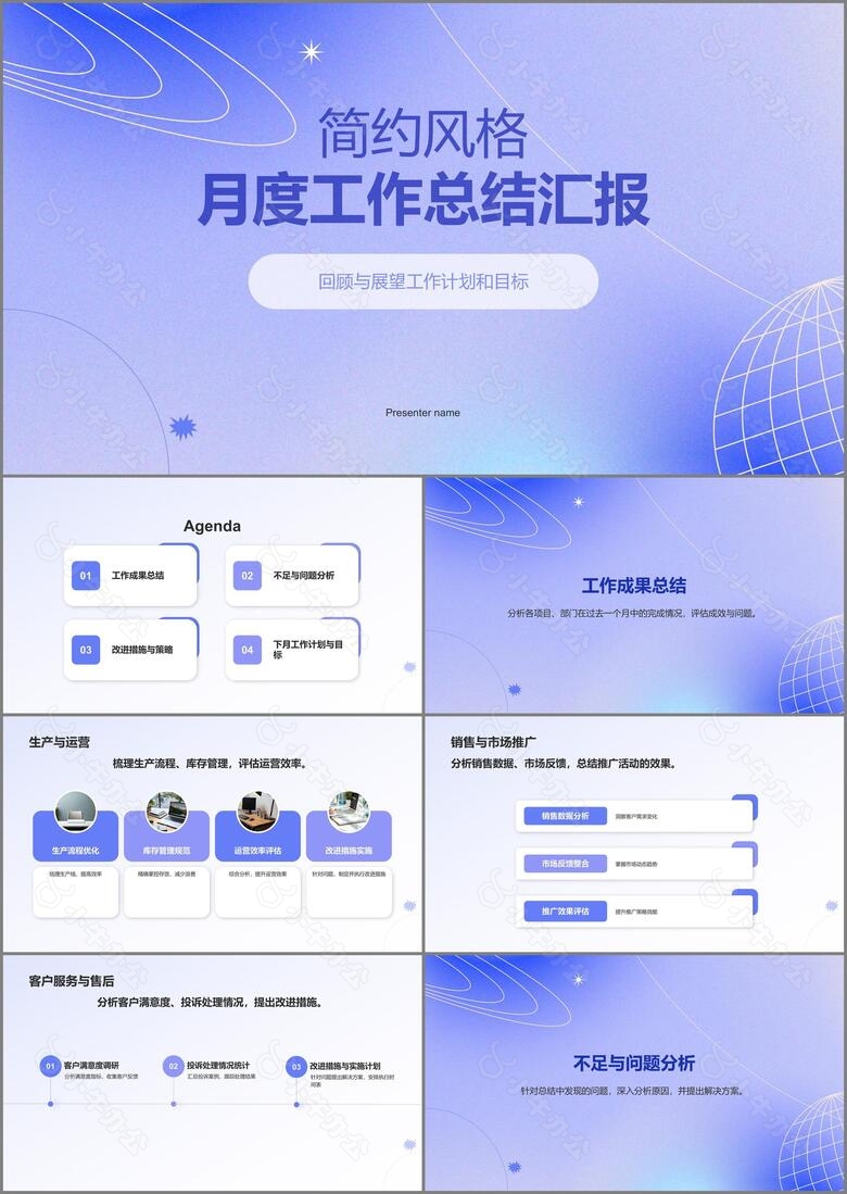 紫色简约风月度工作总结汇报PPT模板
