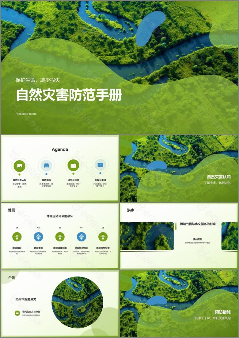 绿色3D风自然灾害防范PPT模板