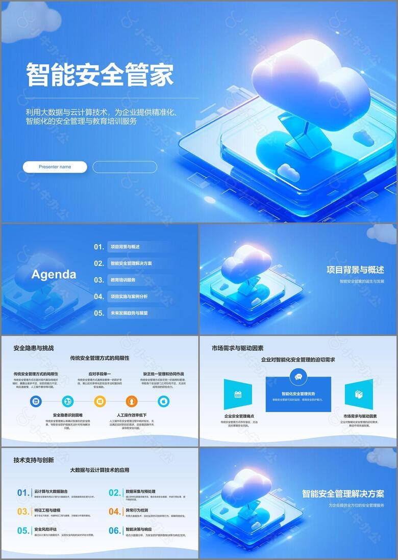 蓝色3D风智能安全管家PPT模板