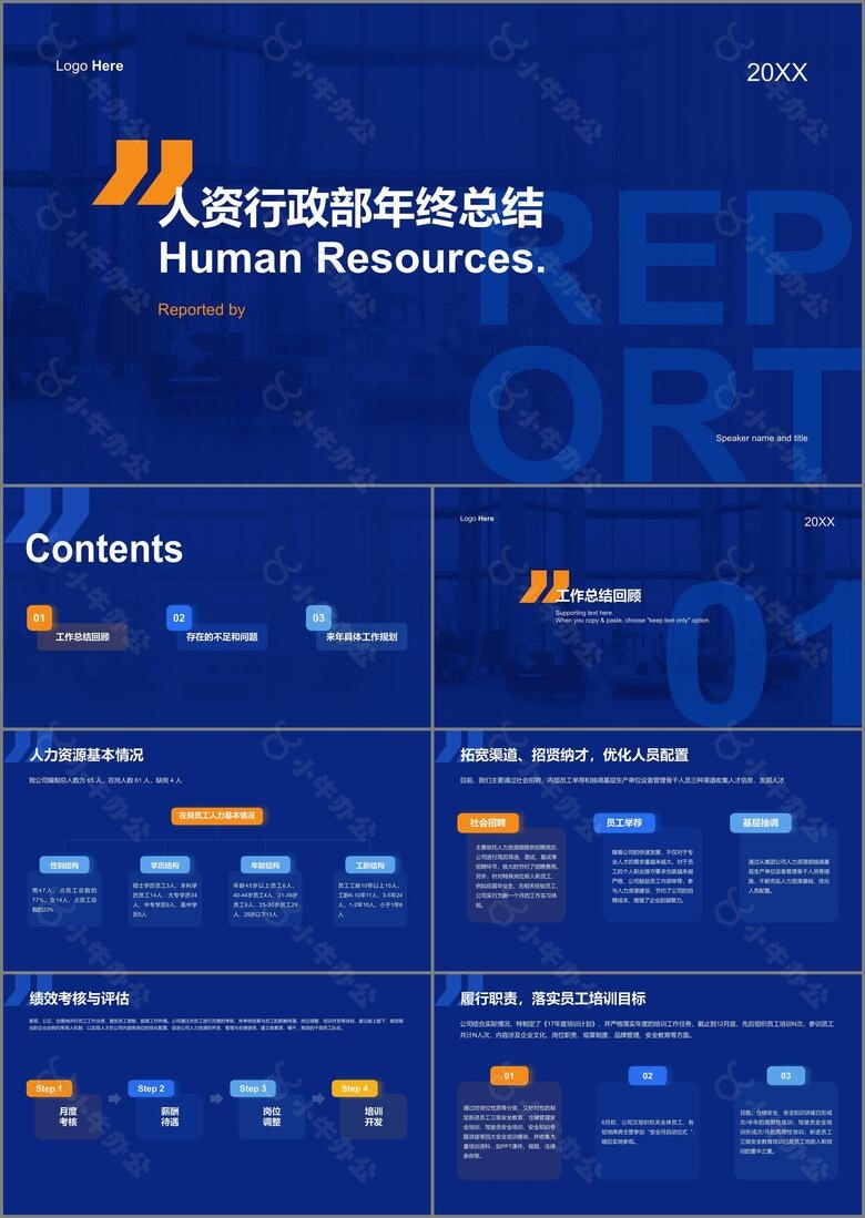 蓝色商务人资行政部年终工作总结汇报PPT下载