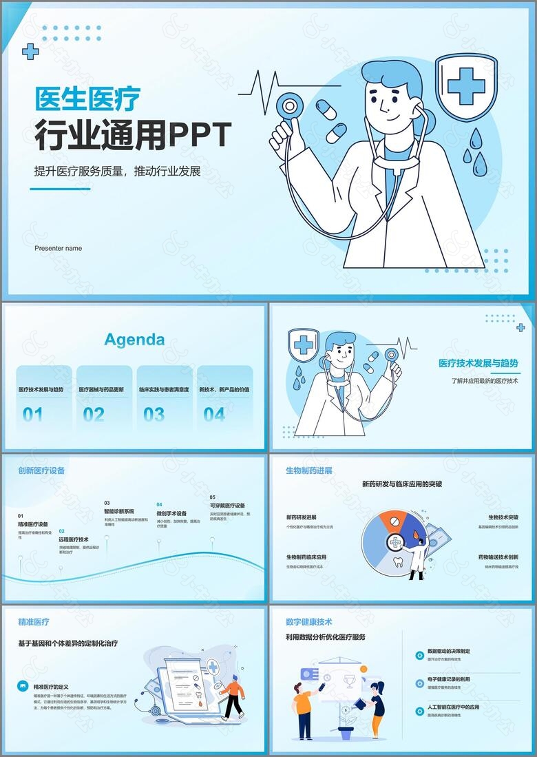 蓝色插画风医生医疗行业汇报通用PPT模板