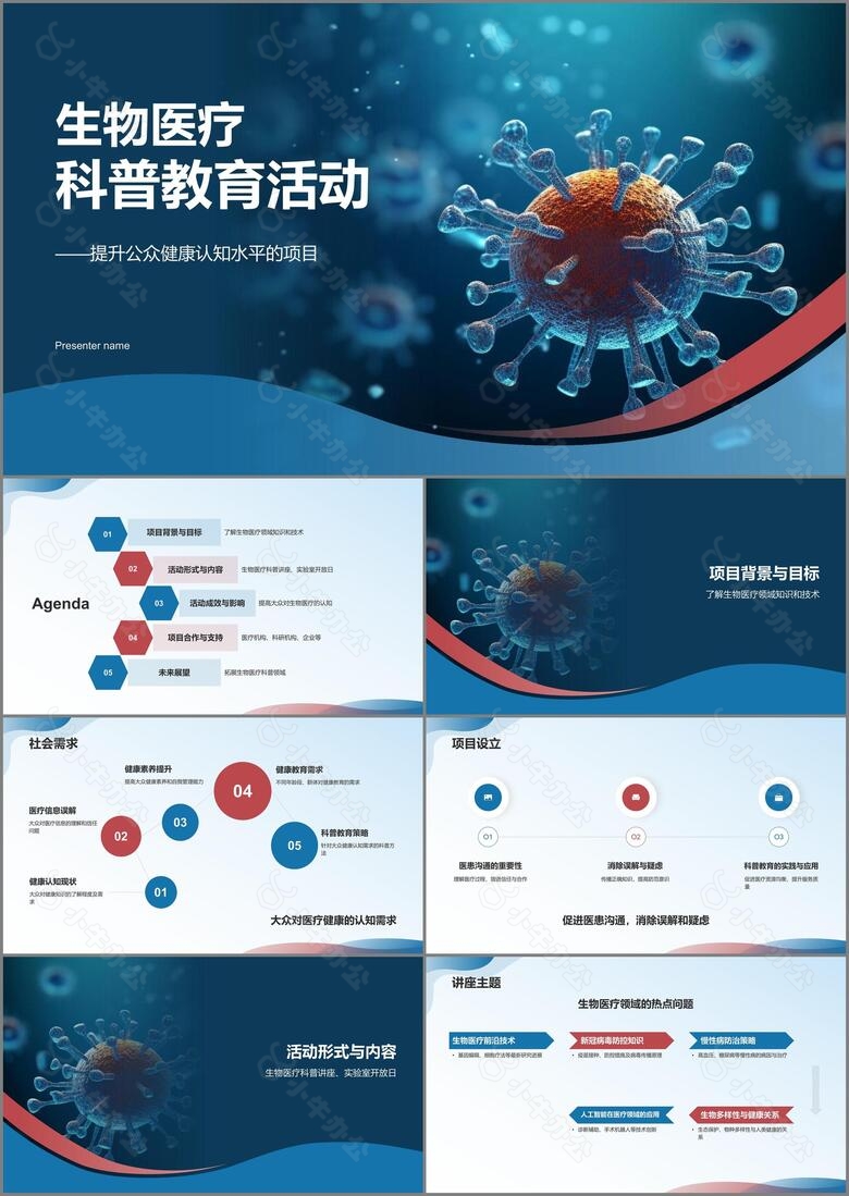 蓝色渐变风生物医疗科普教育活动PPT模板