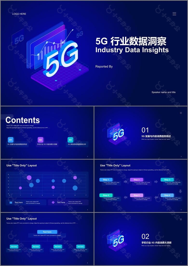 蓝色科技创意2.5D5G行业数据洞察PPT案例