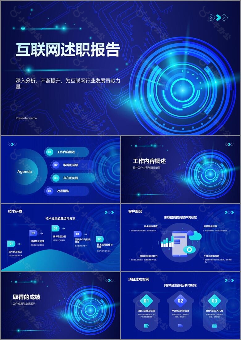 蓝色科技风互联网行业述职报告PPT模板
