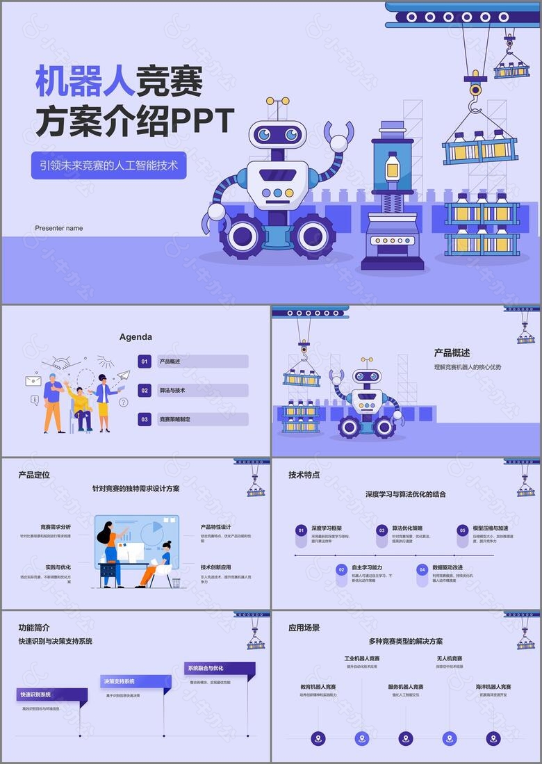 蓝色科技风机器人竞赛方案PPT模板