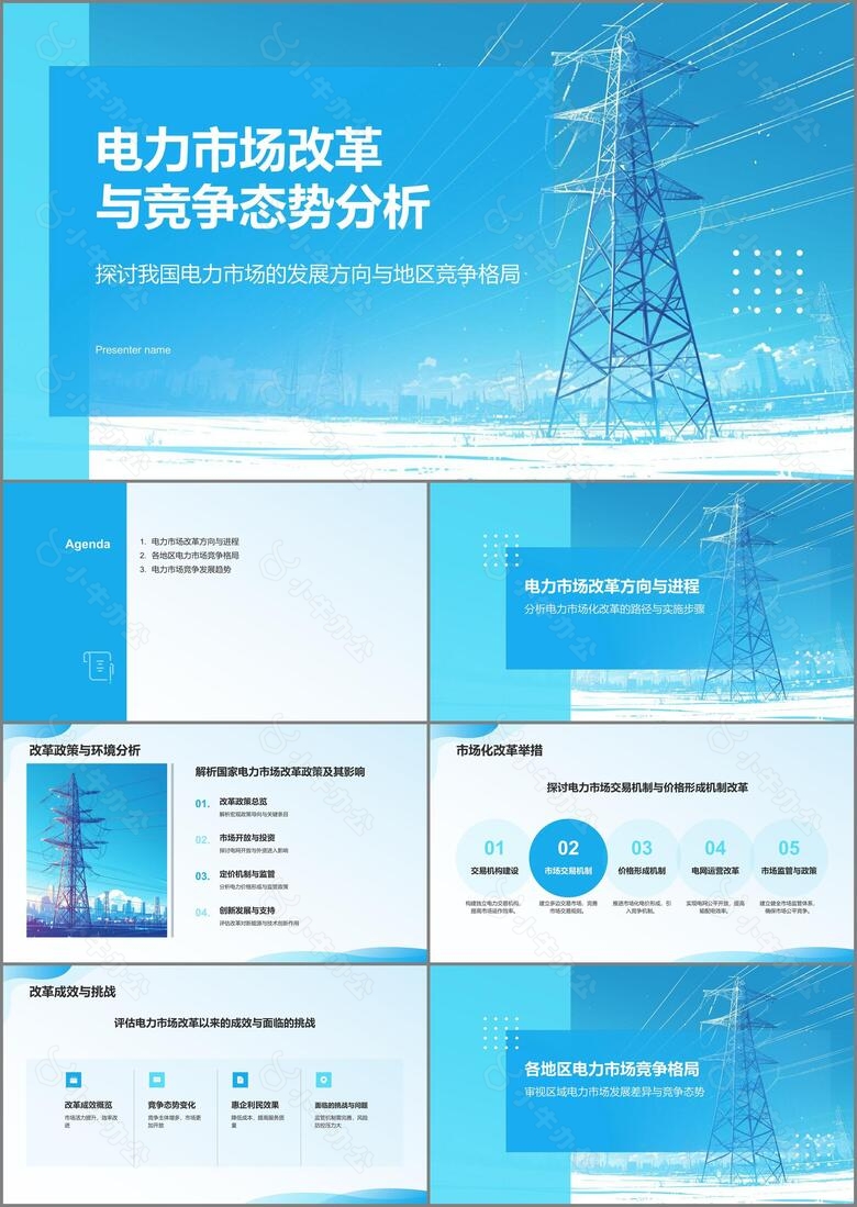 蓝色简约风电力市场改革与竞争态势PPT模板