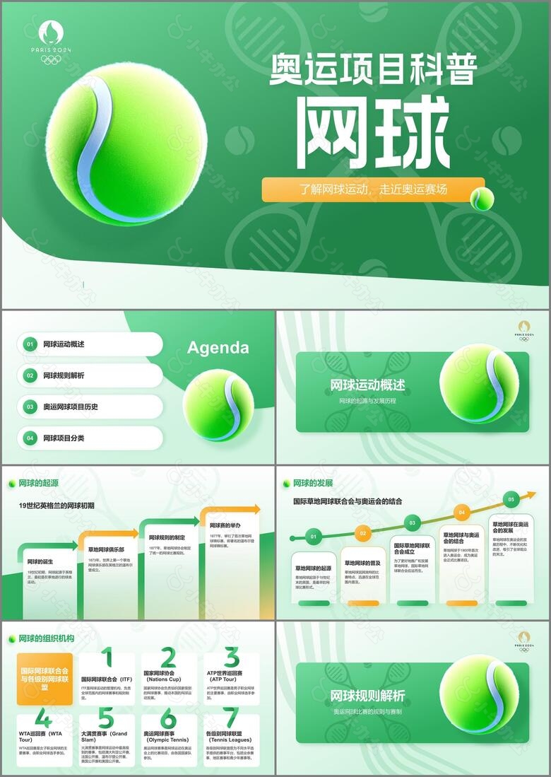 绿色3D风奥运会项目科普网球PPT模板