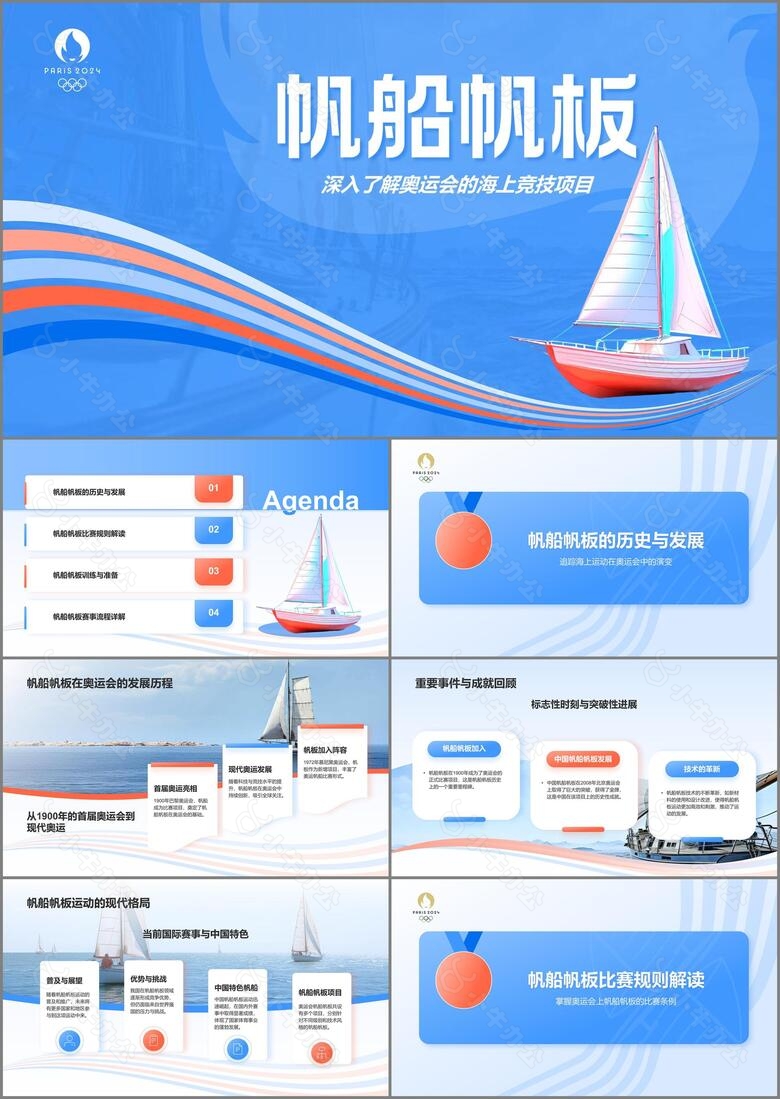 蓝色3D风奥运会帆船帆板知识科普PPT模板