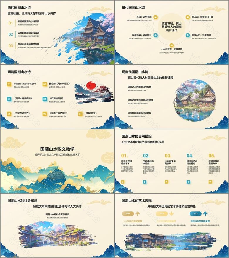 黄色国潮风国潮山水中国风语文教学课件PPT模板no.2