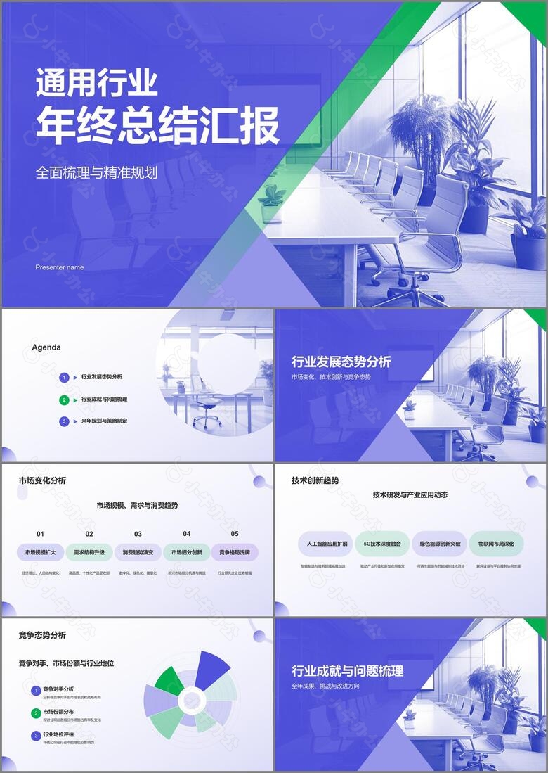 紫色商务风通用行业年终总结汇报PPT模板