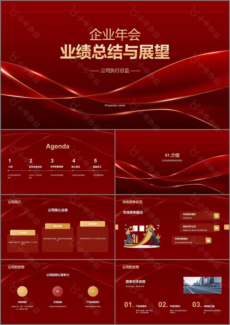 红色奢华企业年会业绩总结与展望PPT模板