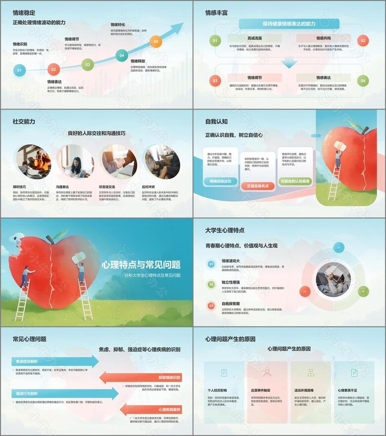 蓝色手绘风大学生心理健康PPT模板no.2