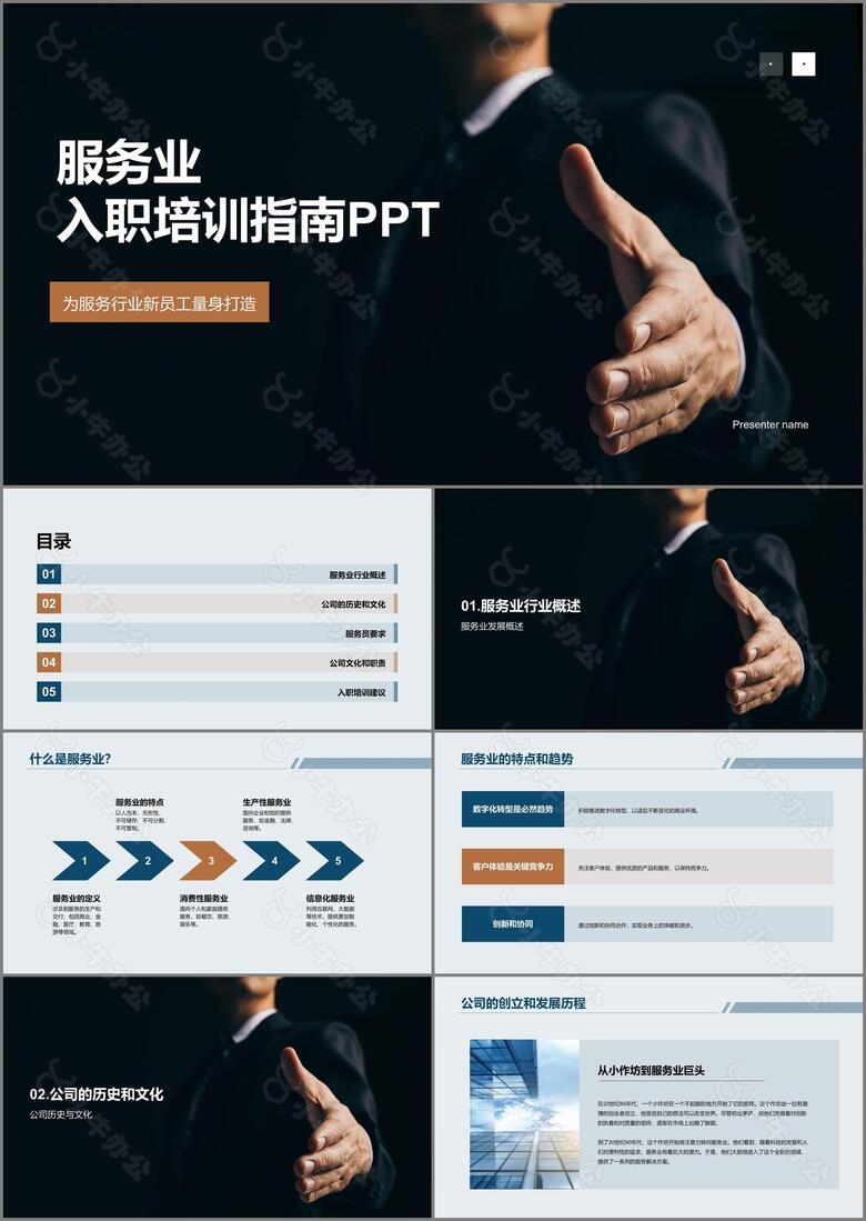 黑色商务现代服务业入职培训指南PPT模板
