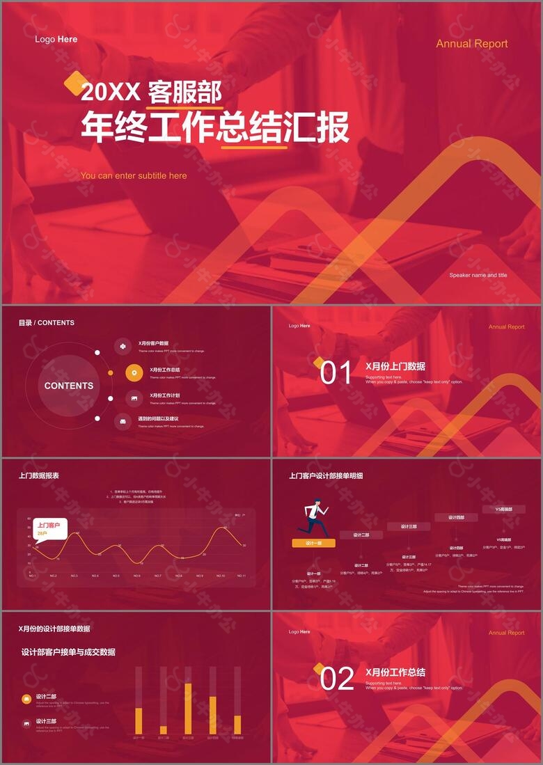 红色商务客服部年终总结汇报PPT案例