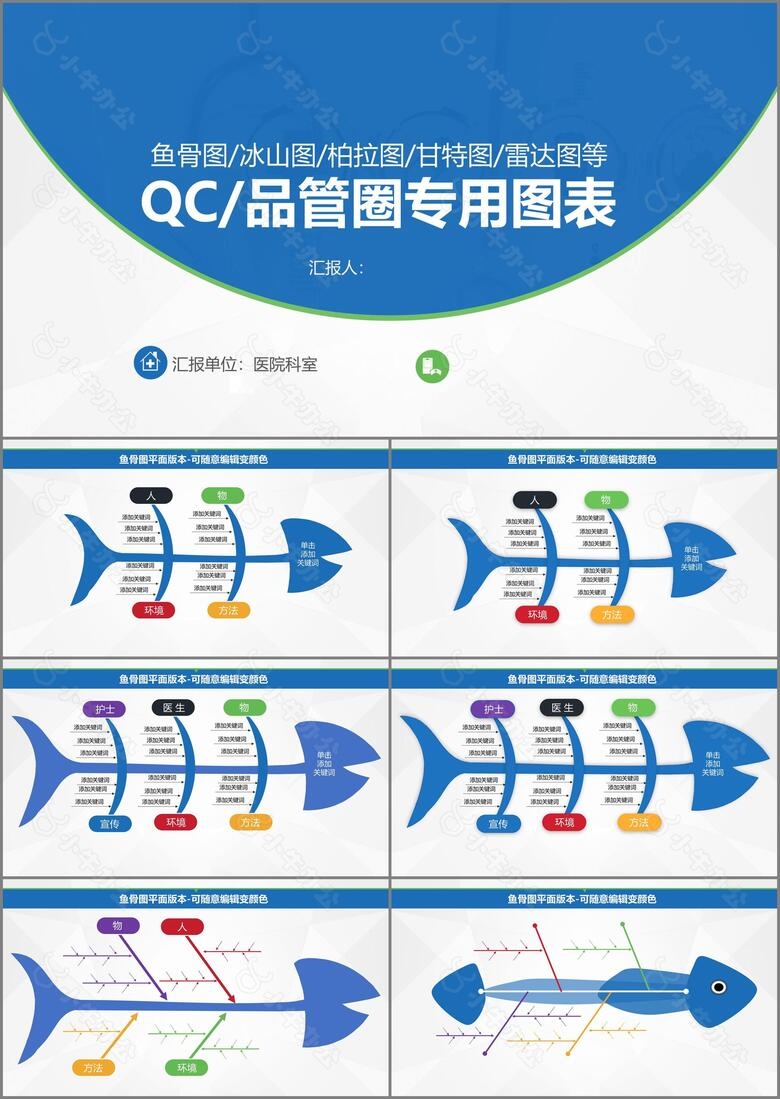 2019实用品管圈QC专用图表鱼骨图柏拉图冰山图甘特图等商务通用PPT模板