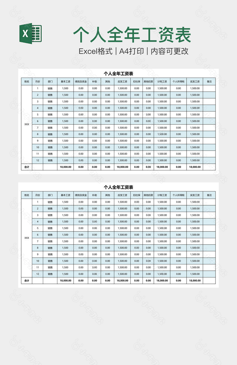 个人全年工资表