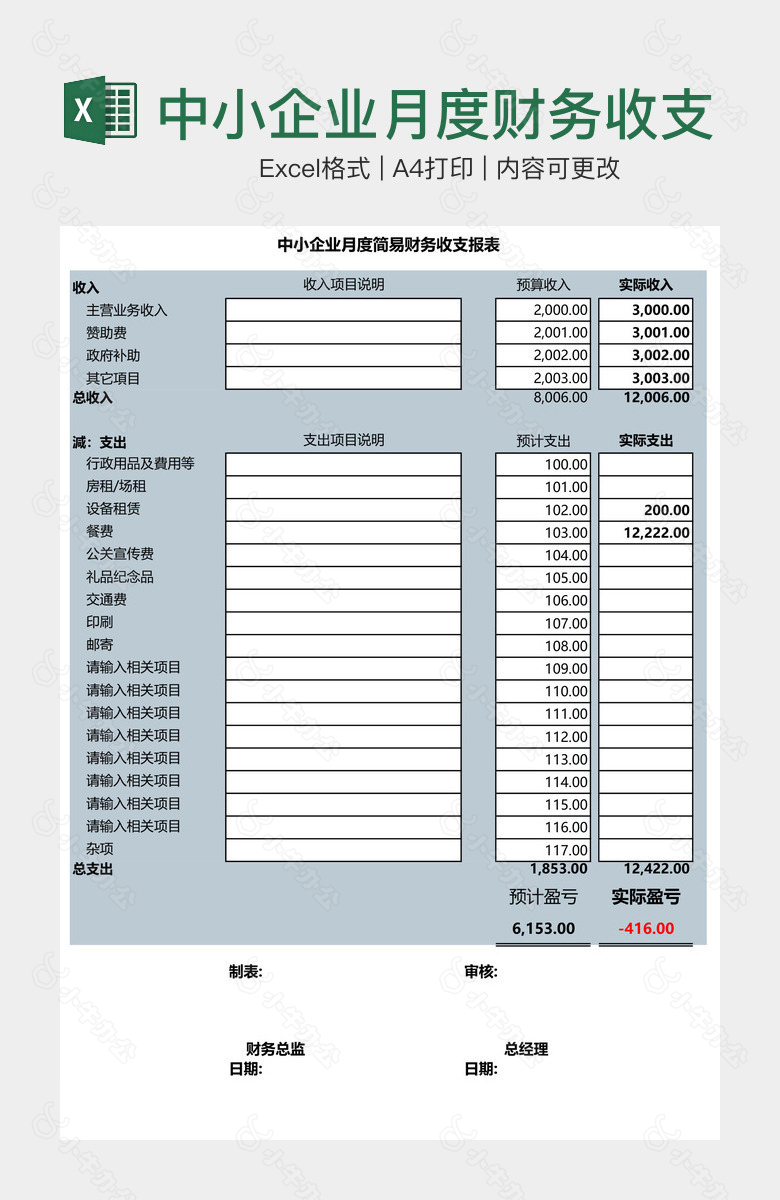 中小企业月度财务收支表报