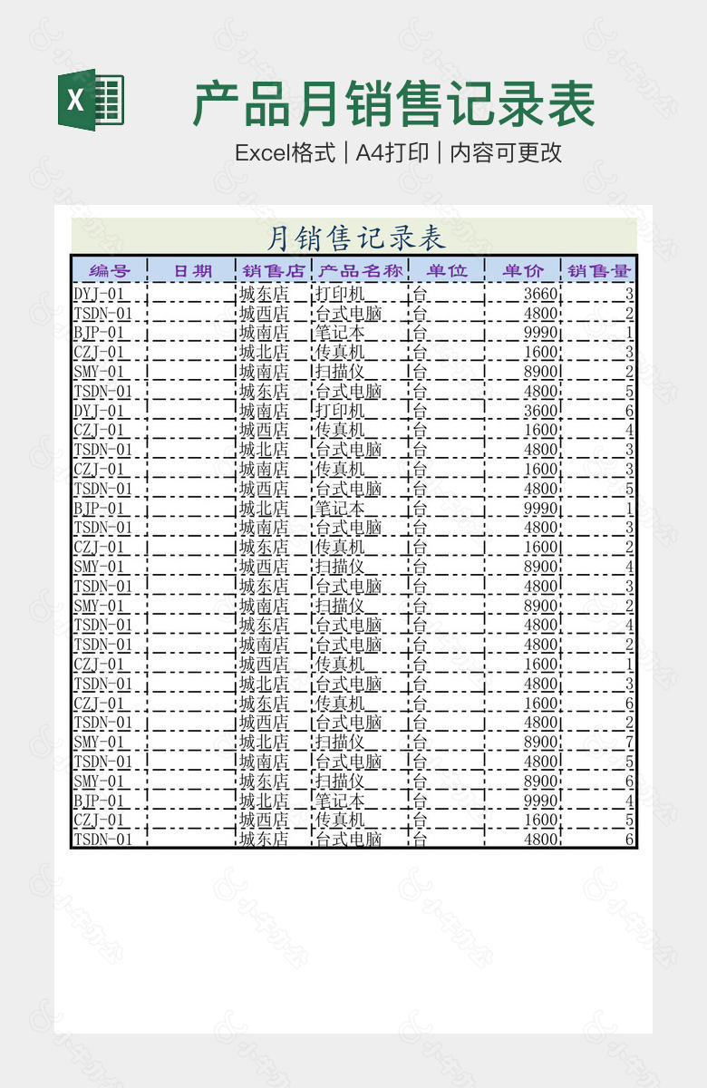 产品月销售记录表