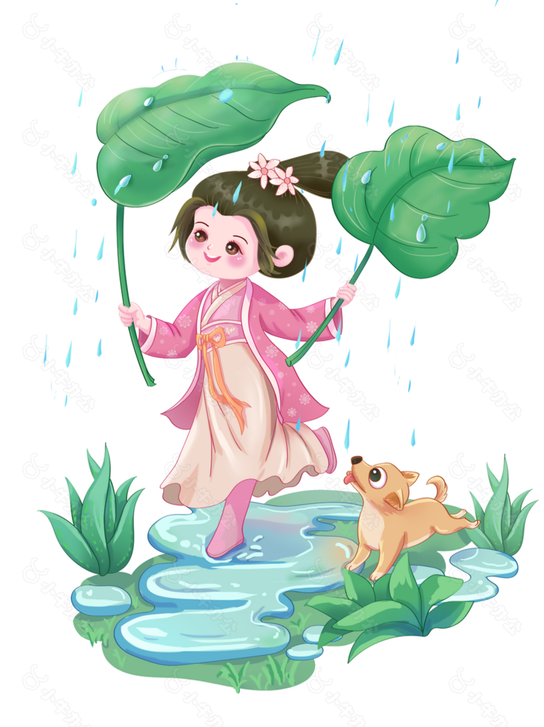 精美手绘风雨水节气女孩撑荷叶图案设计