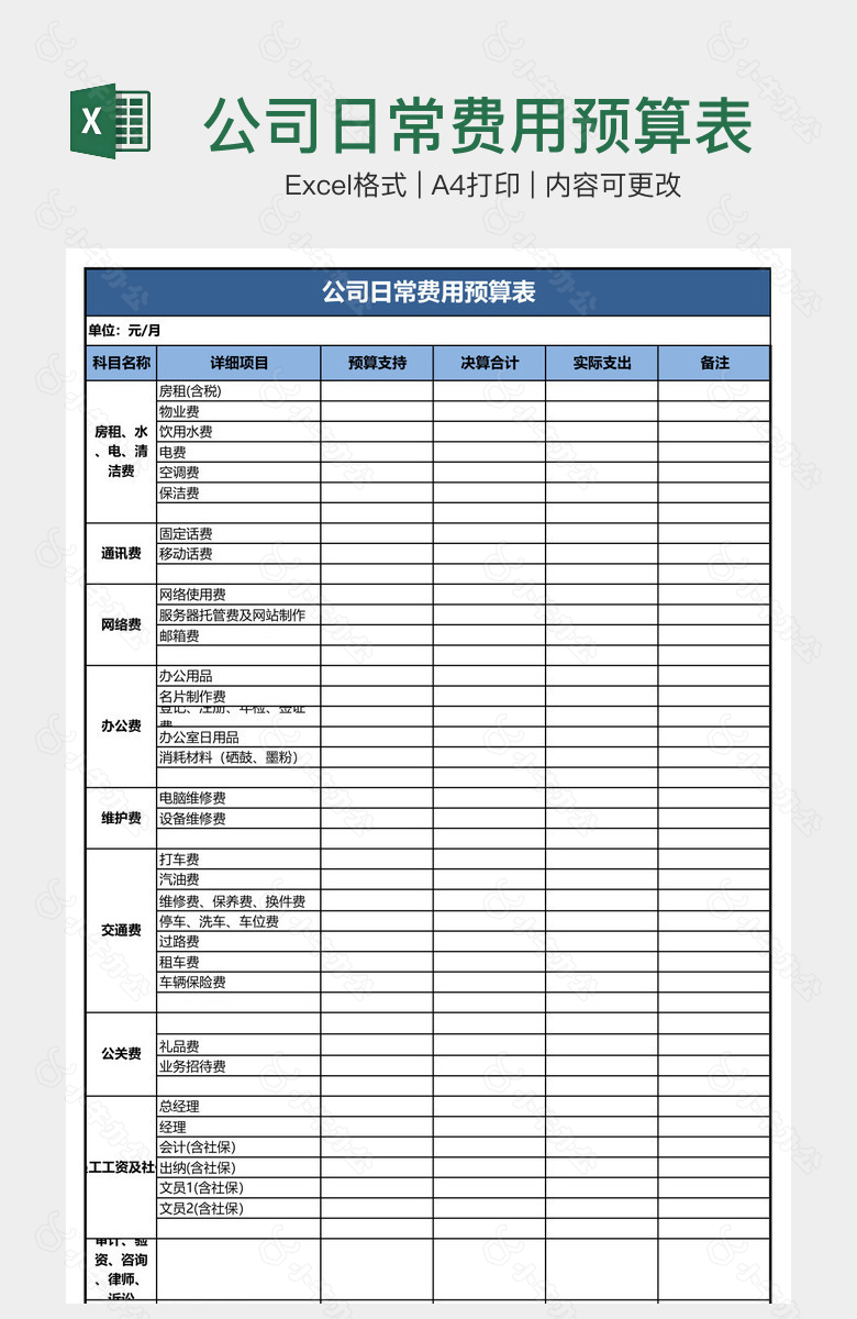 公司日常费用预算表