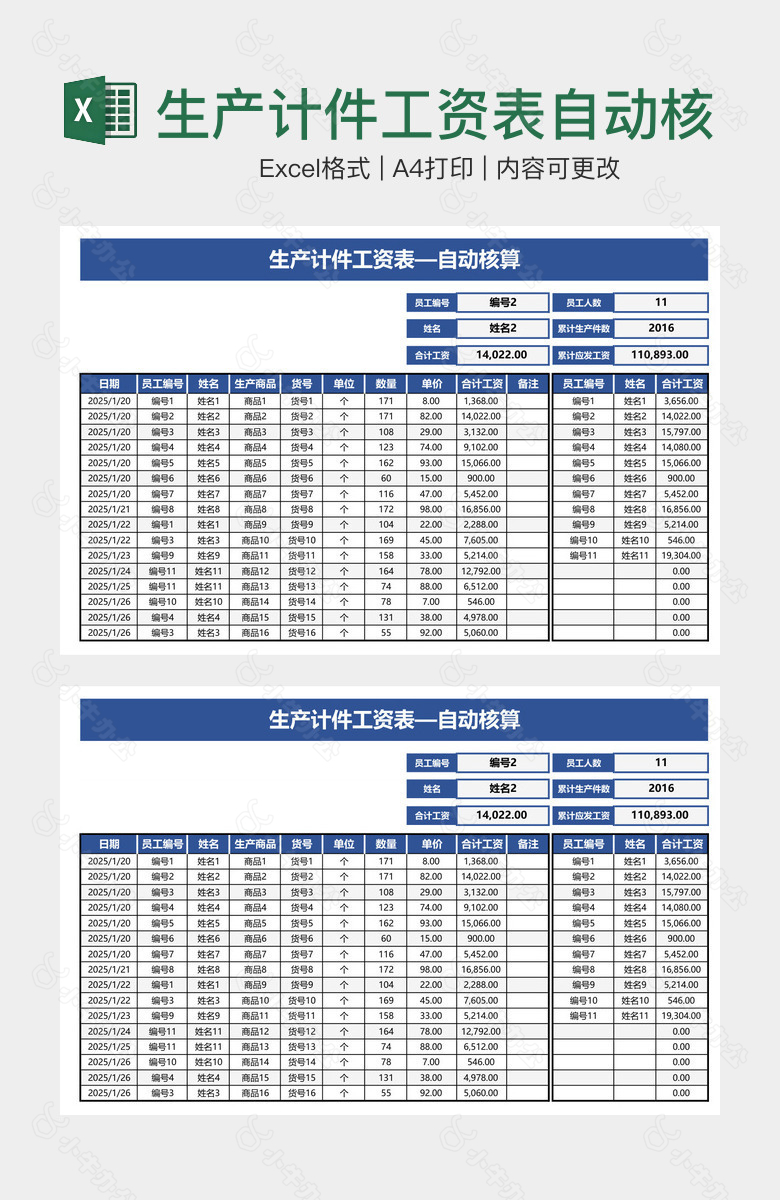 生产计件工资表自动核算