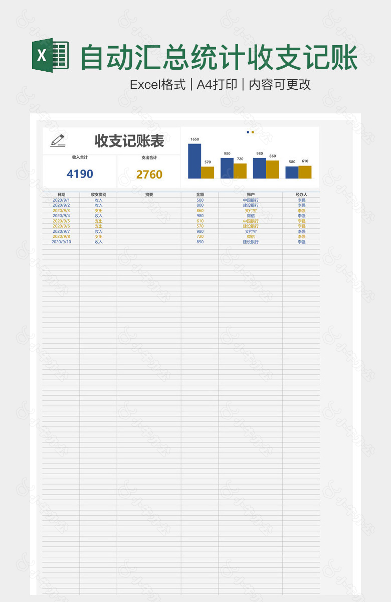 自动汇总统计收支记账表