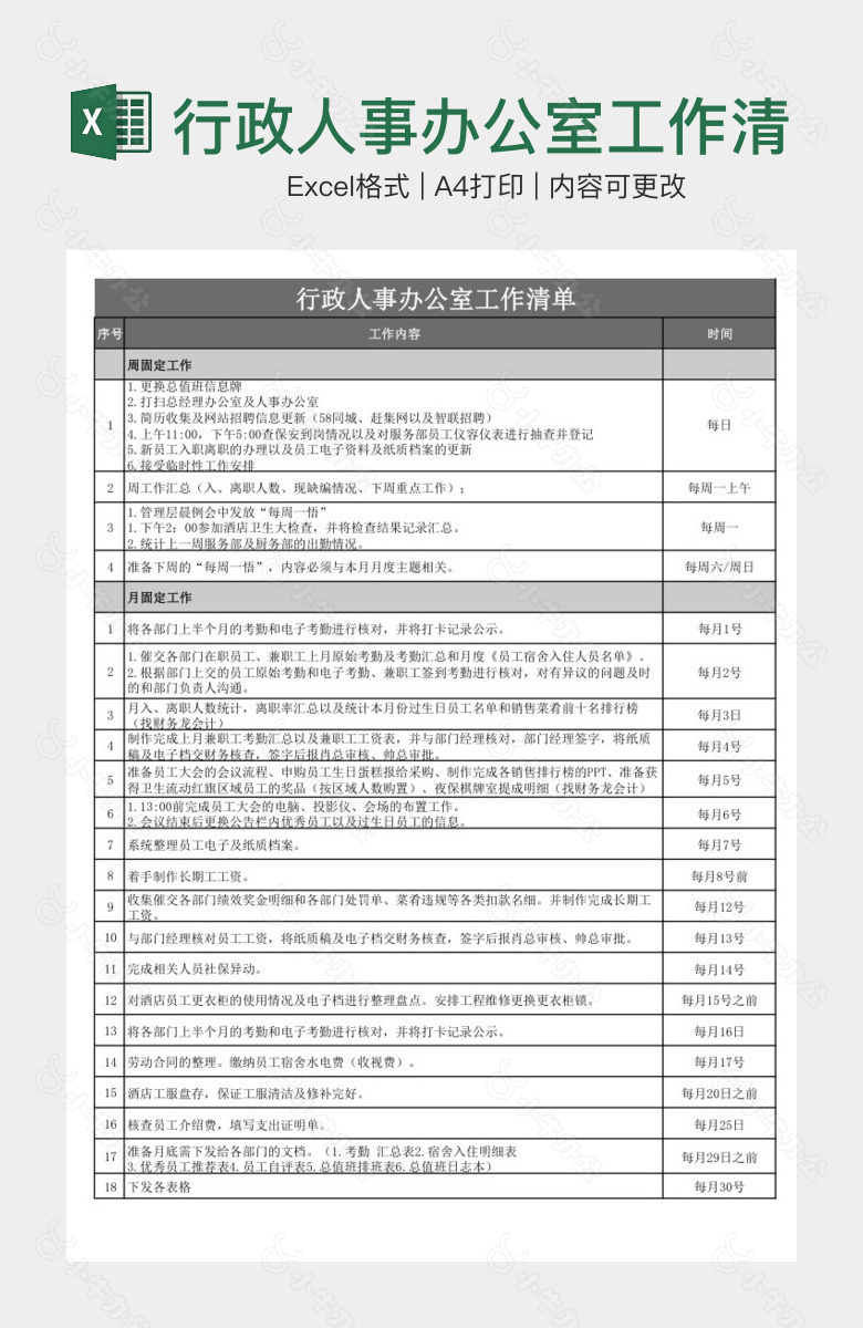 行政人事办公室工作清单