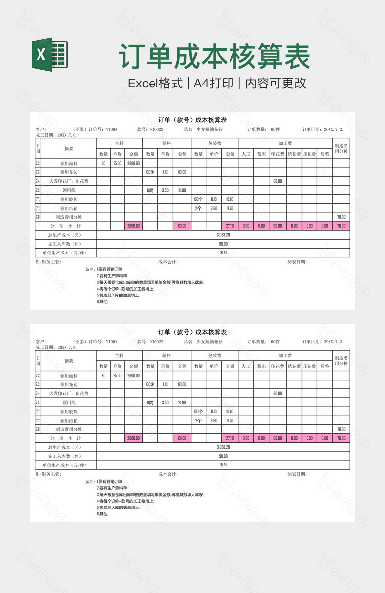 订单成本核算表