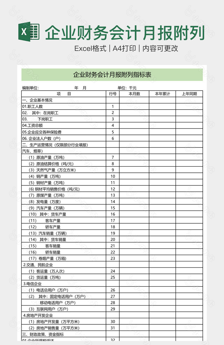 企业财务会计月报附列指标表