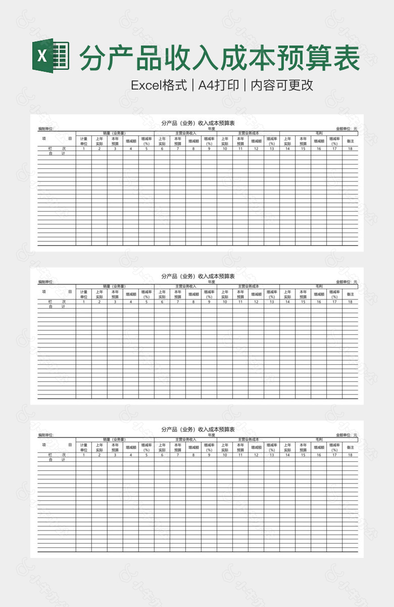 分产品收入成本预算表