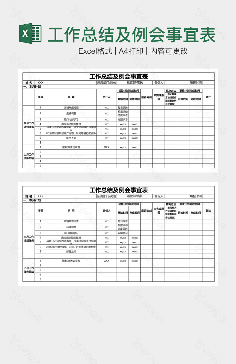 工作总结及例会事宜表