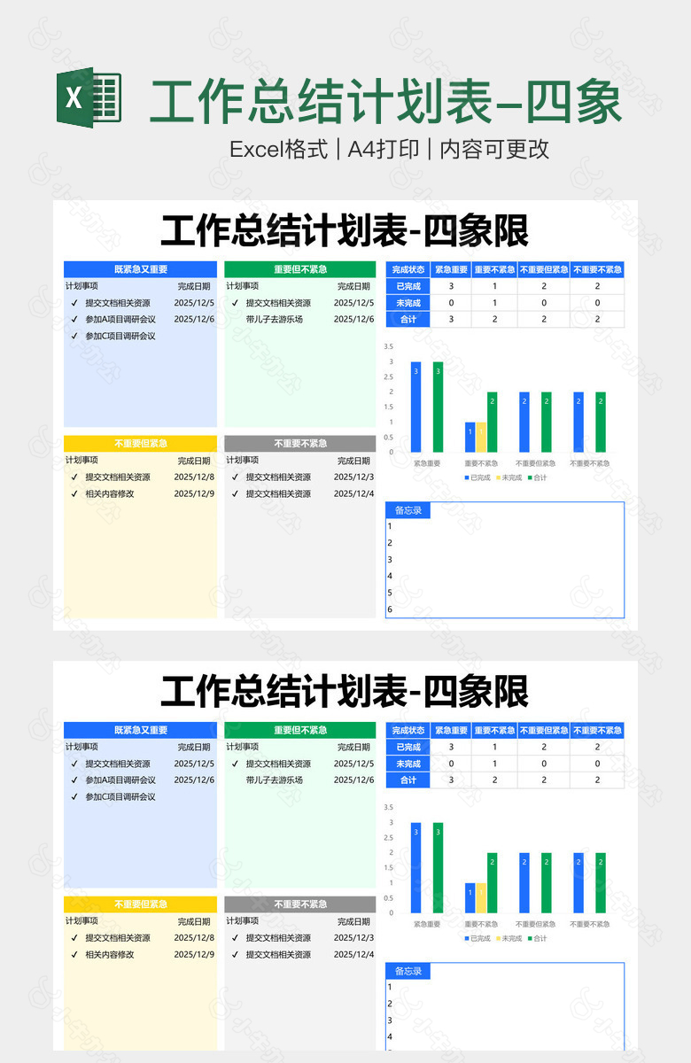 工作总结计划表-四象限