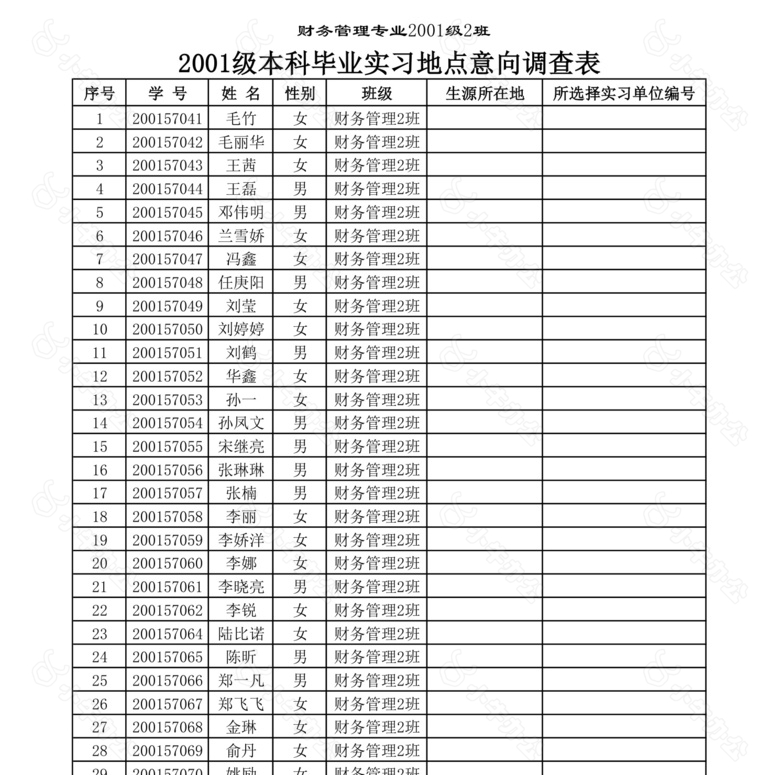 本科毕业实习地点意向调查表no.2