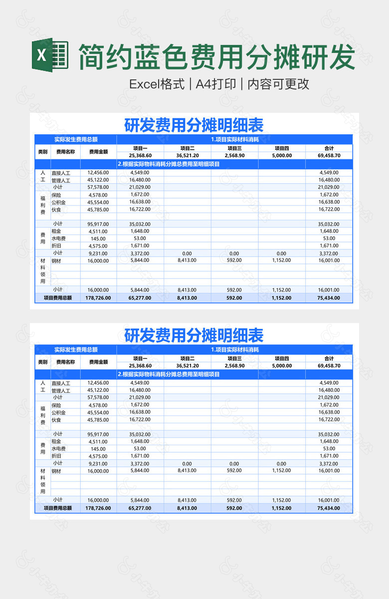 简约蓝色费用分摊研发费用分摊明细表