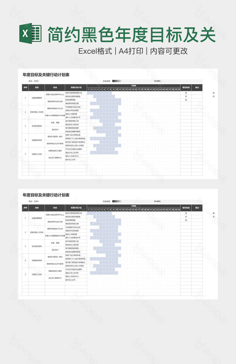 简约黑色年度目标及关键行动计划表