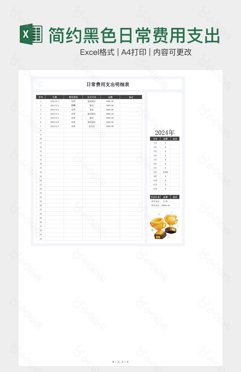 简约黑色日常费用支出明细表