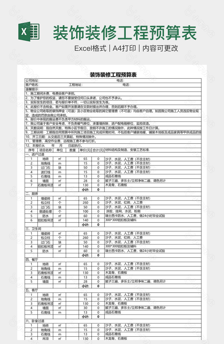 装饰装修工程预算表