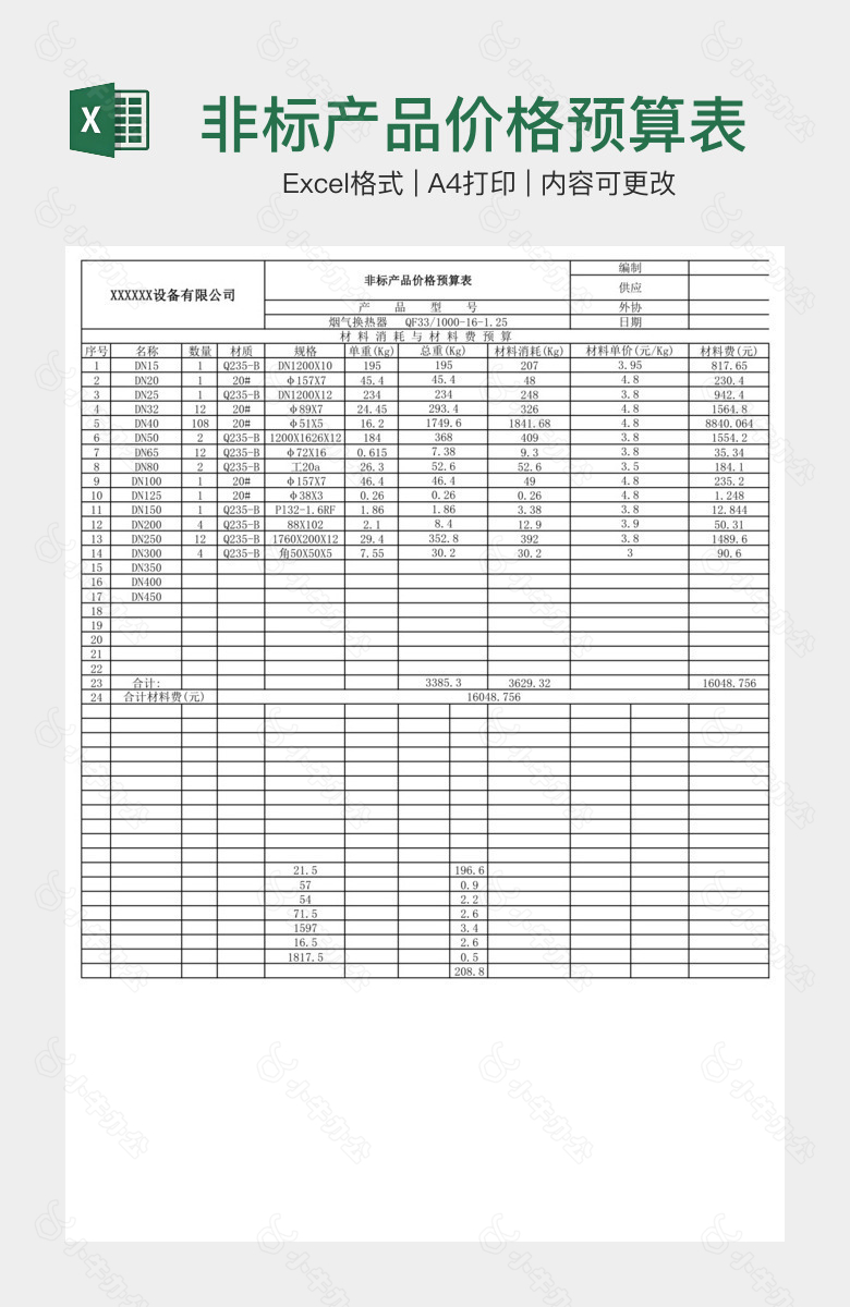 非标产品价格预算表