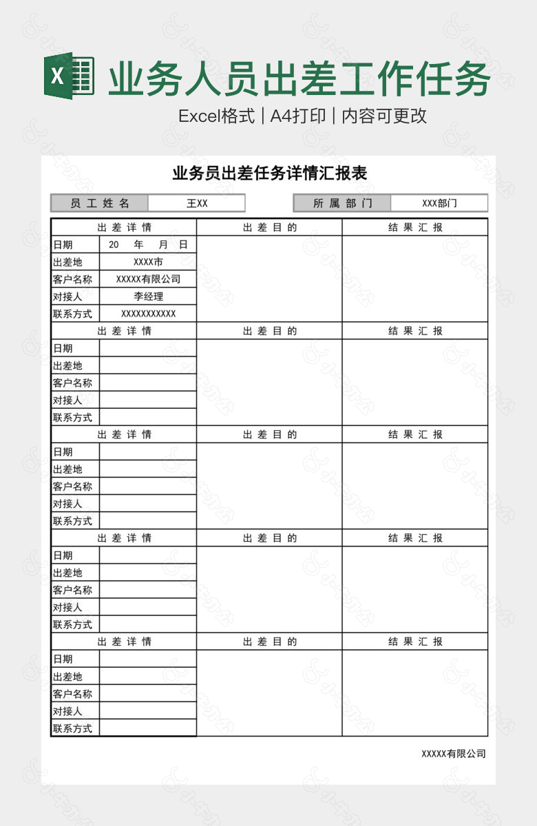 业务人员出差工作任务汇报表