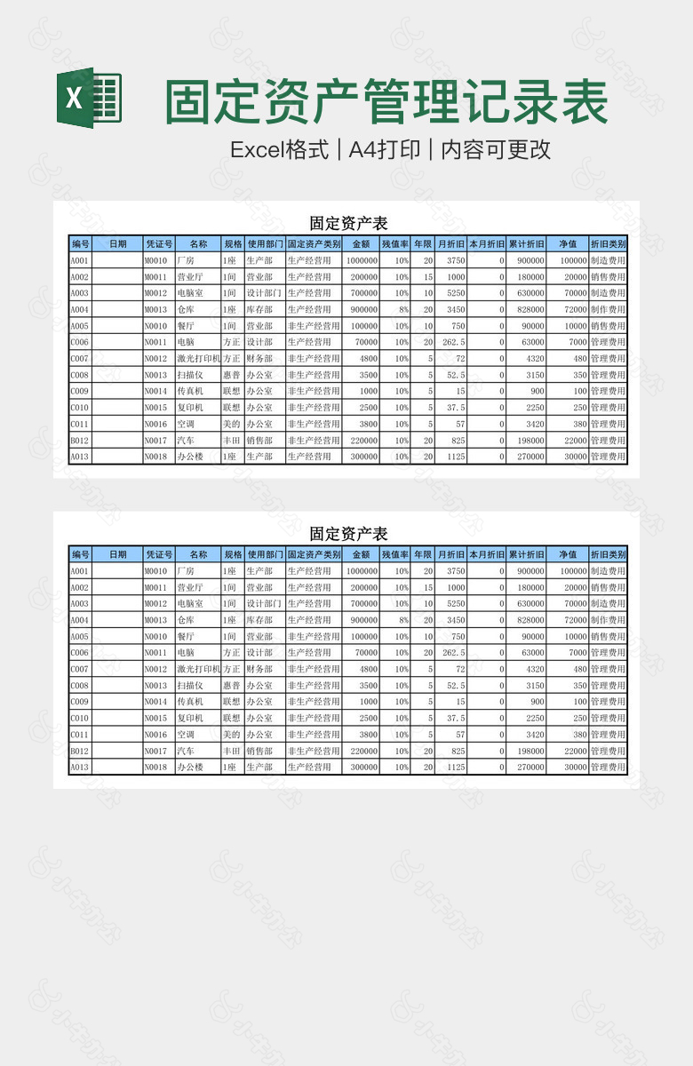 固定资产管理记录表