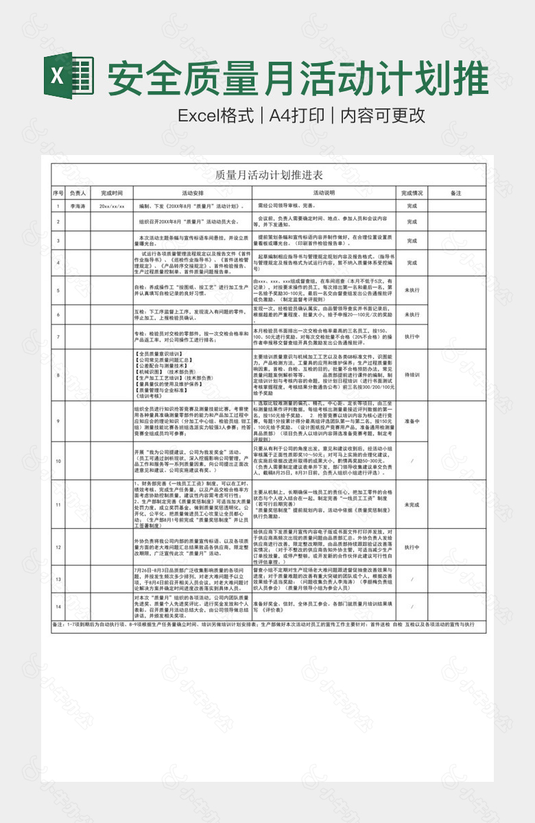 安全质量月活动计划推进表