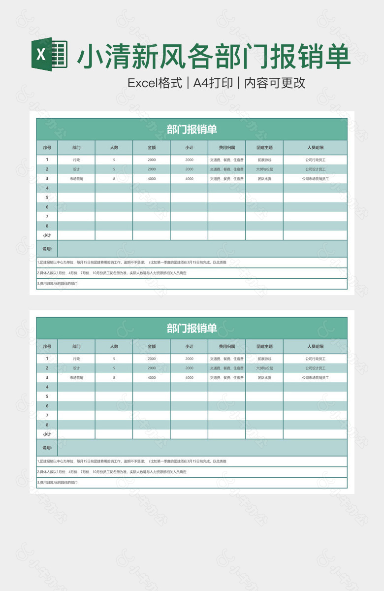 小清新风各部门报销单