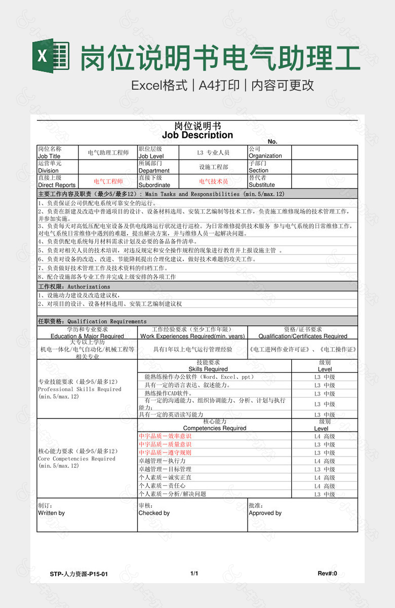 岗位说明书电气助理工程师